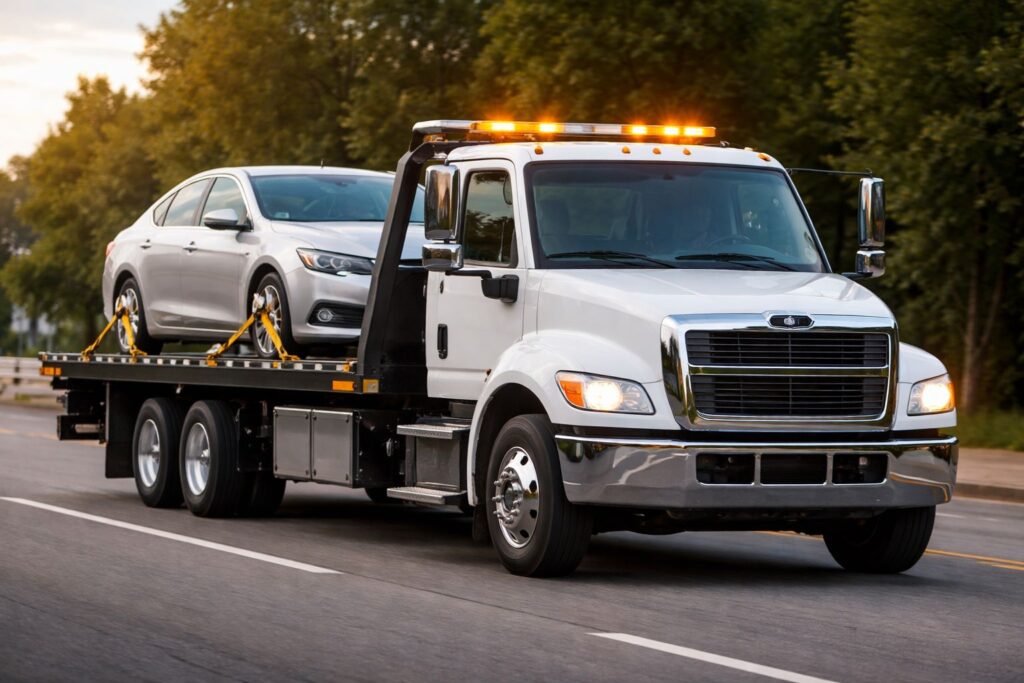 A flatbed tow truck towing a vehicle